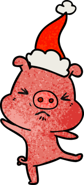 Bir insan tarafından çizilmiş Noel Baba şapkası giymiş öfkeli bir domuzun el çizimi karikatürü.