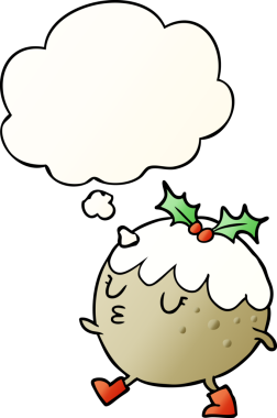 Düşünce baloncuğuyla yürüyen bir çizgi film pudingi, bir insan tarafından çizilmiş yumuşak bir eğilim tarzında.