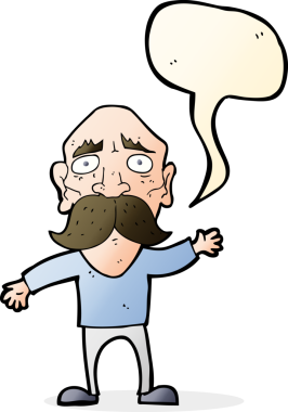 Bir insan tarafından çizilmiş konuşma balonu olan endişeli yaşlı bir adam.