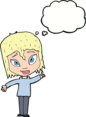 Bir insan tarafından çizilmiş düşünce baloncuğu fikri olan karikatür kadın.