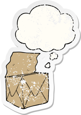 Düşünce baloncuklu karikatür paketi bir insan tarafından çizilmiş yıpranmış bir çıkartma gibi.