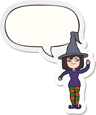 Bir insan tarafından çizilmiş konuşma balonu çıkartmalı çizgi film cadısı.