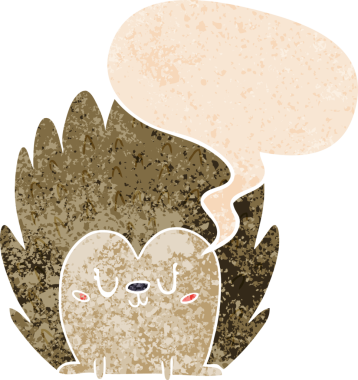 Hoş bir çizgi film kirpisi ve grunge 'da konuşma balonu insan tarafından çizilmiş sıkıntılı retro dokuma tarzı.