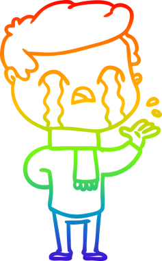 Bir insan tarafından çizilmiş kış eşarbı giymiş ağlayan bir çizgi film karakterinin çizimi.