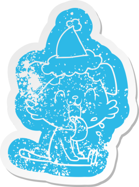 Bir insan tarafından çizilmiş Noel Baba şapkası takan nefes nefese kalmış bir köpeğin garip karikatürü.