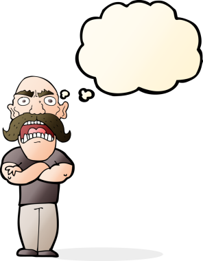 Bir insan tarafından çizilmiş düşünce baloncuğu olan kızgın bir adam.