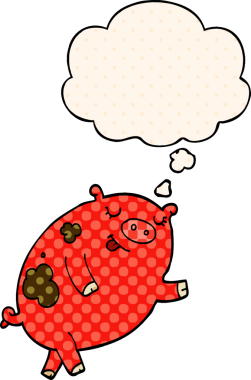 Bir insan tarafından çizilmiş çizgi roman tarzında düşünce baloncuğu olan dans eden domuz.