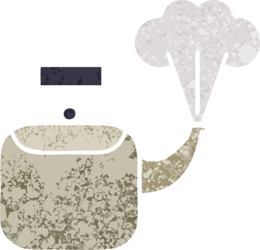 Bir insan tarafından çizilen dumanı tüten bir çaydanlığın retro çizim tarzı karikatürü