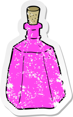 Bir insan tarafından çizilmiş bir karikatür iksiri şişesinin gerilimli yapıştırması.