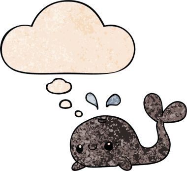 Bir insan tarafından çizilmiş grunge desenli düşünce baloncuğu olan sevimli bir çizgi film balinası.