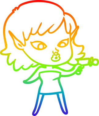 Gökkuşağı gradyan çizgisi bir insan tarafından çizilmiş ışın tabancalı güzel bir kız çizimi.