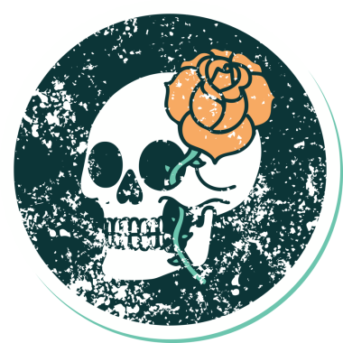 Bir insan tarafından çizilmiş kafatası ve gülün sembolik dövmeli görüntüsü.