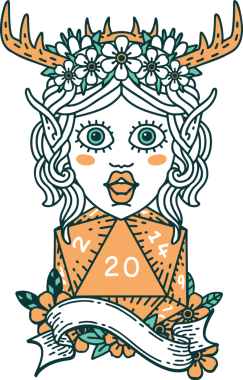 Retro Dövme Tarzı Elf Karakteri Bir insan tarafından çizilmiş doğal yirmi zar ile