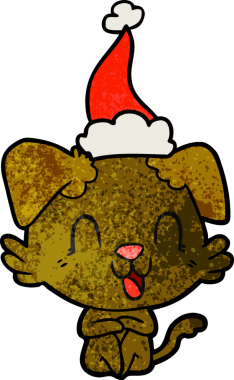 Gülen el çizimi bir insan tarafından çizilmiş Noel Baba şapkası takan bir köpek.