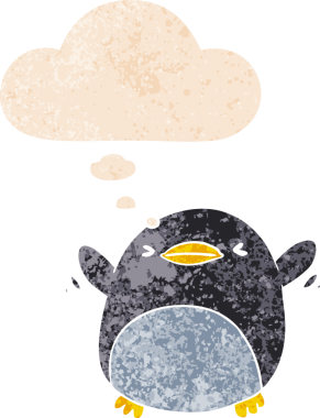 Tatlı çizgi film kanat çırpan penguen grunge içinde düşünce baloncuğu sıkıntılı retro dokuma tarzı bir insan tarafından çizilmiş