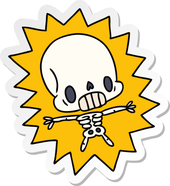 Etiket çizimi: illüstrasyon kawaii Bir insan tarafından çizilmiş iskelete elektrik verilmiş.