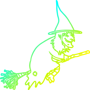 Bir insan tarafından süpürgeye çizilmiş bir cadının soğuk gradyan çizimi.