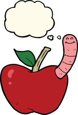 Bir insan tarafından çizilmiş düşünce baloncuğu solucanlı çizgi film elması