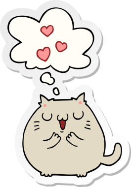 Düşünce baloncuğuna aşık şirin çizgi film kedisi bir insan tarafından çizilmiş çıkartma gibi