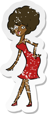 Bir insan tarafından çizilmiş elbise giymiş bir karikatür kadının gerilimli çıkartması.