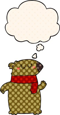 Bir insan tarafından çizilmiş, düşünce baloncuklu bir eşarplı çizgi film ayısı.