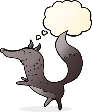 Bir insan tarafından çizilmiş düşünce balonlu mutlu kurt çizgi filmi.