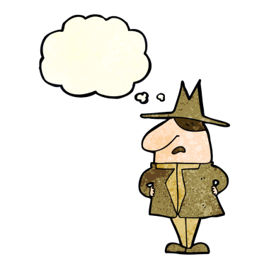 Düşünce baloncuklu palto ve şapkalı bir insan tarafından çizilmiş karikatür adam.