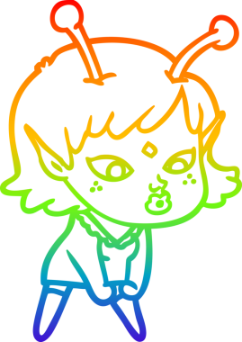 Gökkuşağı gradyan çizgisi bir insan tarafından çizilmiş güzel bir uzaylı kızın çizimi.