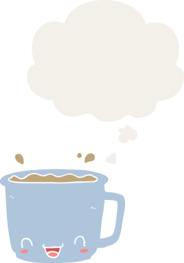 Düşünce baloncuklu bir kahve fincanı insan tarafından çizilmiş.