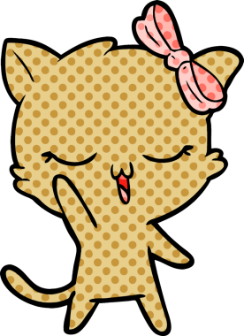 Bir insan tarafından çizilmiş, kafasında yay olan çizgi film kedisi.