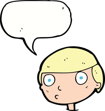 Bir insan tarafından çizilmiş konuşma balonuyla bakan çizgi film çocuğu.