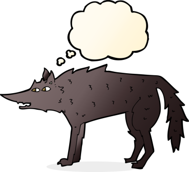 Bir insan tarafından çizilmiş düşünce balonlu bir kurt.