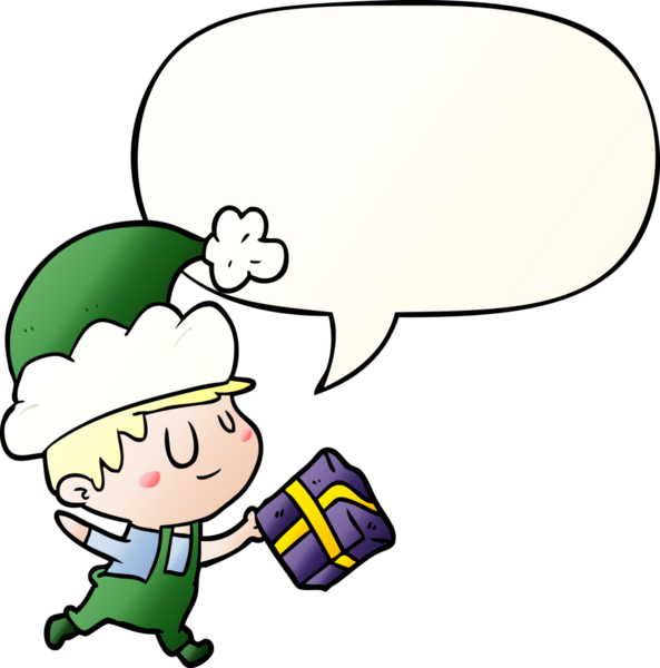 çizgi film mutlu noel elfi konuşma baloncuğu ile bir insan tarafından çizilmiş yumuşak gradyan tarzıyla