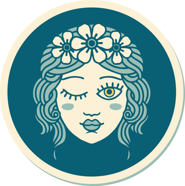 Geleneksel stil dövme çıkartması. Bir insan tarafından çizilmiş yüzü olan bakireler.