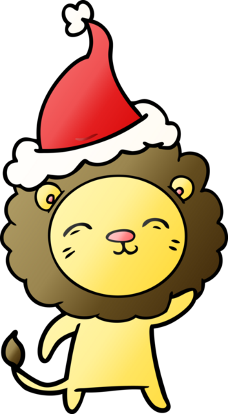 Bir insan tarafından çizilmiş Noel Baba şapkası giymiş bir aslanın el çizimi karikatürü.