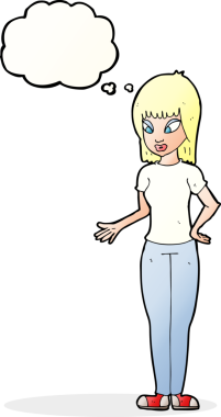 Bir insan tarafından çizilen düşünce baloncuğuyla açıklayan çizgi film kadını.