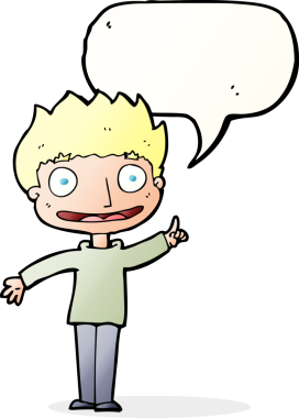 Bir insan tarafından çizilmiş konuşma balonu olan mutlu bir çocuk.