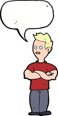 Bir insan tarafından çizilmiş konuşma balonlu çapraz kollu çizgi film adamı.