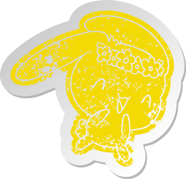 Sıkıntılı eski çizgi film etiketi kawaii sevimli tüylü tavşan bir insan tarafından çizilmiş