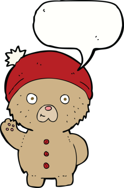 Bir insan tarafından çizilmiş konuşma baloncuğuyla kış şapkalı oyuncak ayıyı sallayan çizgi film.