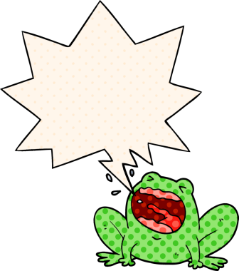 Çizgi roman tarzında bir insan tarafından çizilmiş konuşma balonuyla bağıran kurbağa.