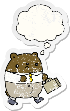 İş kıyafetleri içindeki çizgi film ayısı. Düşünce baloncuğu insan tarafından çizilmiş, yıpranmış bir çıkartma gibi.