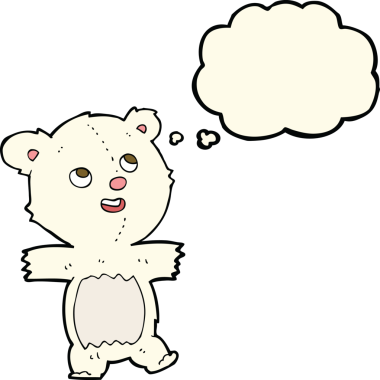 Bir insan tarafından çizilmiş düşünce baloncuklu kutup ayısı çizgi filmi.