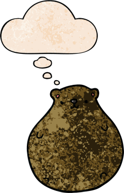 Bir insan tarafından çizilmiş grunge desenli düşünce baloncuklu çizgi film ayısı.