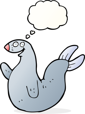 Bir insan tarafından çizilmiş düşünce baloncuklu mutlu fok.