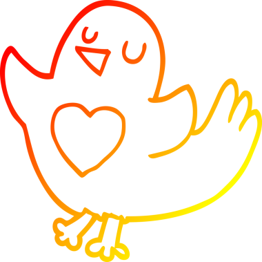 Bir insan tarafından çizilmiş kalbi olan çizgi film kuşunun sıcak çizgi çizimi