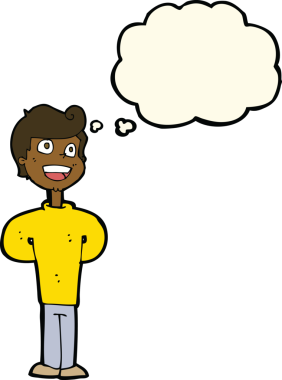 Bir insan tarafından çizilmiş düşünce balonlu mutlu adam çizgi filmi.