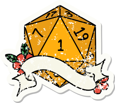 Bir insan tarafından çizilmiş doğal bir d20 zarının grunge çıkartması.