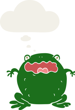 Düşünce baloncuğu olan çizgi film karakurbağası insan tarafından çizilmiş.