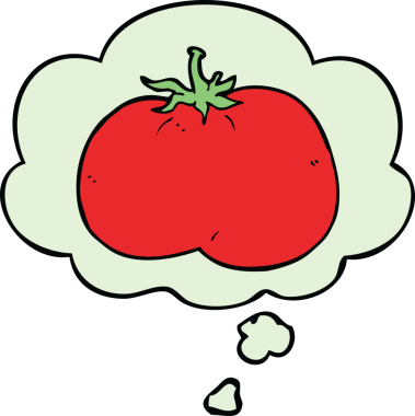 Bir insan tarafından çizilmiş düşünce baloncuklu domates.